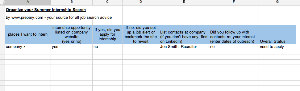 google doc organize internship search