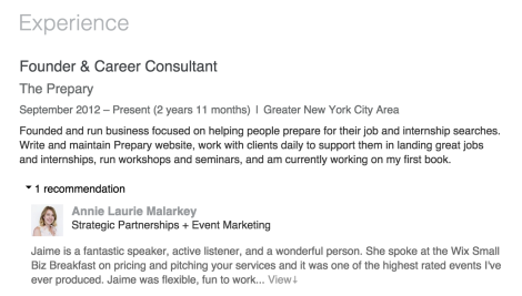 an example of a LinkedIn recommendation from my profile - thanks Annie!